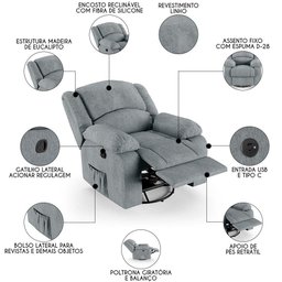 Poltrona do Papai Reclinável Pietra Glider Giratória Usb Fh9 Linho Cinza - Mpozenato - 4