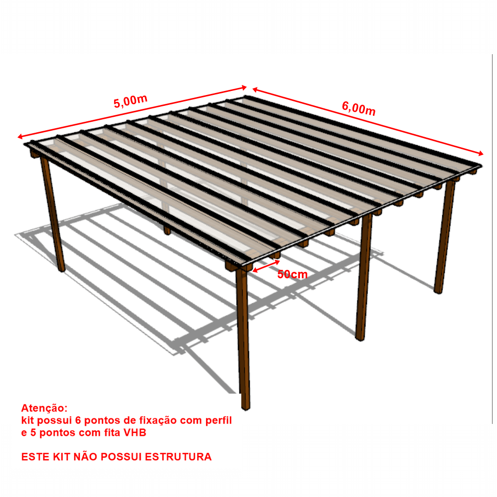 Cobertura Policarbonato Alveolar 5,00m x 6,00m - Cristal 4mm - 2