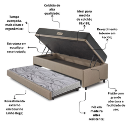 Bicama Box Baú Solteiro 88x188x42 Courino Linho Bege com Colchão de Espuma Dual Firme Ecoflex - 5