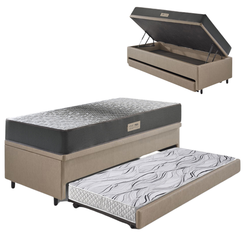 Bicama Box Baú Solteiro 88x188x42 Courino Linho Bege com Colchão de Espuma Dual Firme Ecoflex