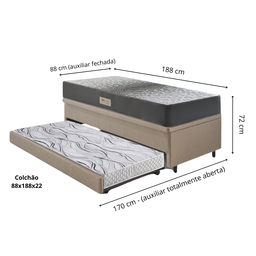 Bicama Box Baú Solteiro 88x188x42 Courino Linho Bege com Colchão de Espuma Dual Firme Ecoflex - 2