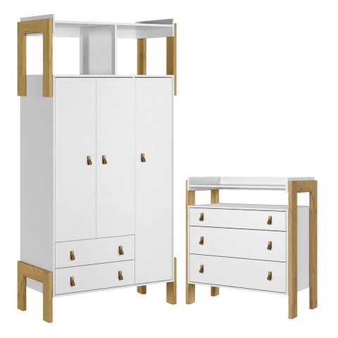 Quarto de Bebê Fantasia com Roupeiro 4375 e Cômoda 4410 Qmovi Branco Acetinado