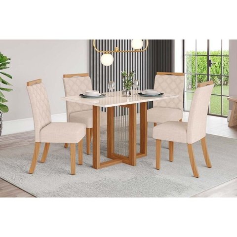 Conjunto Mesa Sala Jantar Natalí com Tampo Madeirado com Vidro Reto 120x80cm e 4 Cadeiras Bella