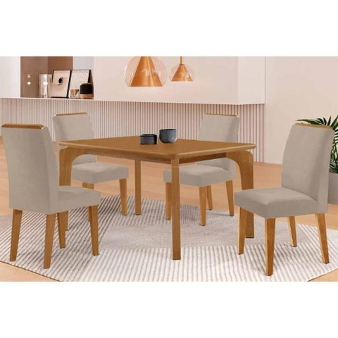 Conjunto: Mesa Sala Jantar Londrina C/ Tampo Madeirado C/ Vidro Canto Curvo 120x80cm 4 Cadeiras