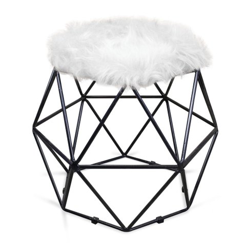 Puff Aramado Hexágono Pelucia Branco Base Preto - D’Rossi