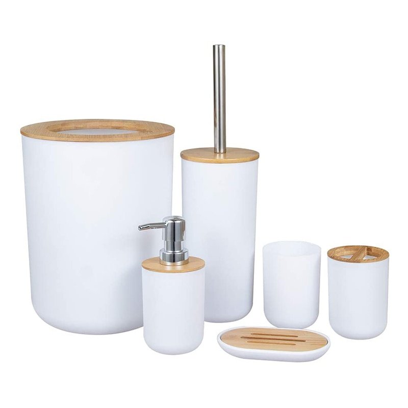 Acessórios do banheiro de bambu conjunto plástico banheiro kit dispensador de sabão, copo escova - W