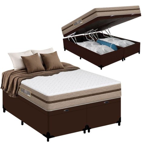 Cama Box Baú Casal Bipartido + Colchão Molas Ensacadas Bioclassic Pillow Top Marrom Royal Sleep