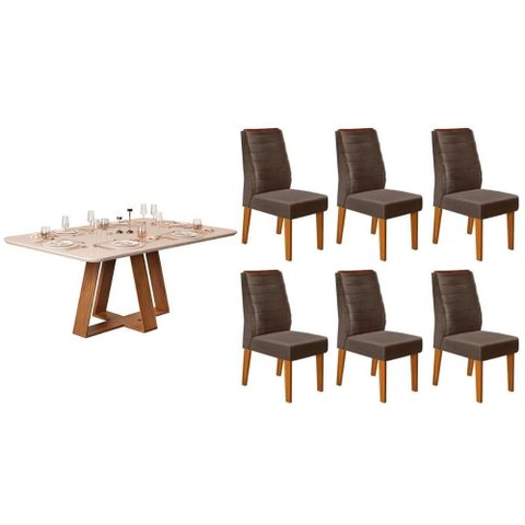 Sala de Jantar Completa Celeste C/ Tampo Madeirado C/ Vidro Curvo 160x90cm e 6 Cadeiras Ondina