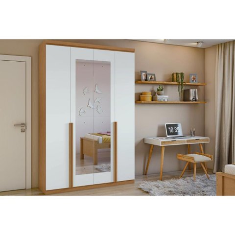 Guarda Roupa Solteiro 4 Portas e 2 Gavetas C/ Espelho Alonzo New Amêndoa/branco - Lopas
