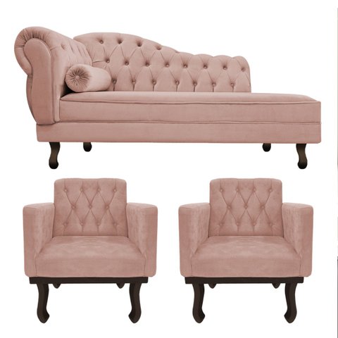 Kit Diva Recamier Diana 185cm Lado Direito e 02 Poltronas Classic Suede Rosê - ADJ Decor