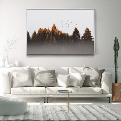 Quadro Decorativo Arvores e Passaros Voadores Com Moldura e Sem Vidro 80X120