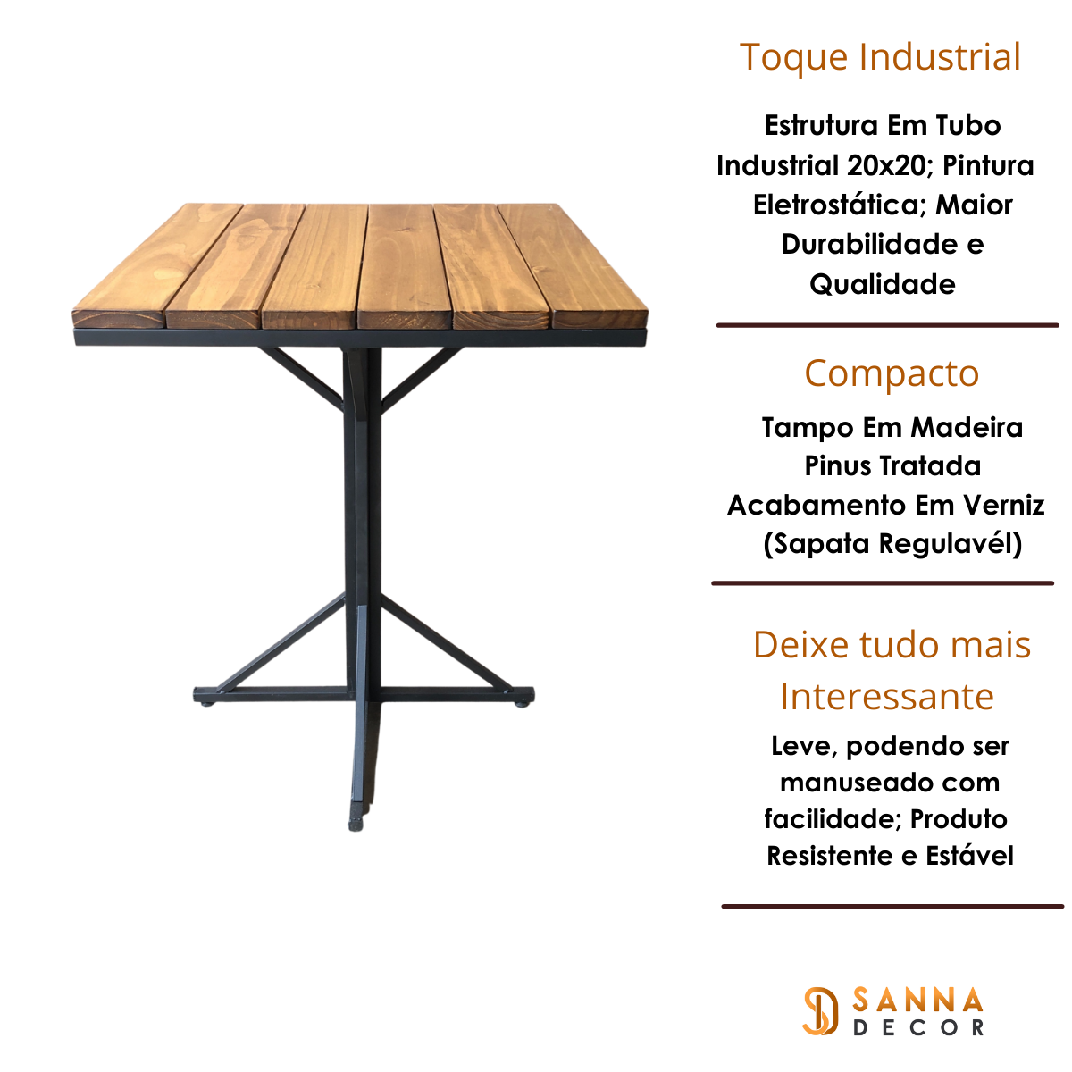 Mesa De Jantar Cozinha 4 Lugares Industrial Tampo Madeira 70x70 - 2