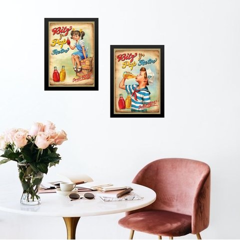 Kit 2 Quadros Cozinha Vintage Crianças 45x34cm - com Vidro:madeira Branca