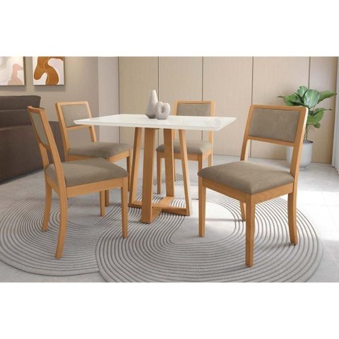 Mesa Cozinha Elma Premium Madeira Maciça C/ Tampo Madeirado C/ Vidro 120x80cm e 4 Cadeiras Alice