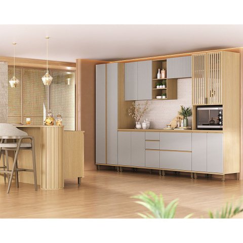 Cozinha Completa 100% MDF 6 Peças com Espaço para Micro-Ondas e Tampo 340cm Aura Luciane Móveis