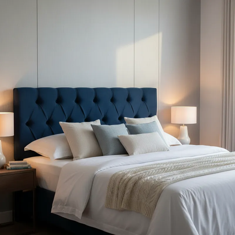 Cabeceira Capitonê Casal Cor Azul Marinho 140x117cm com Fixação no Box da Cama