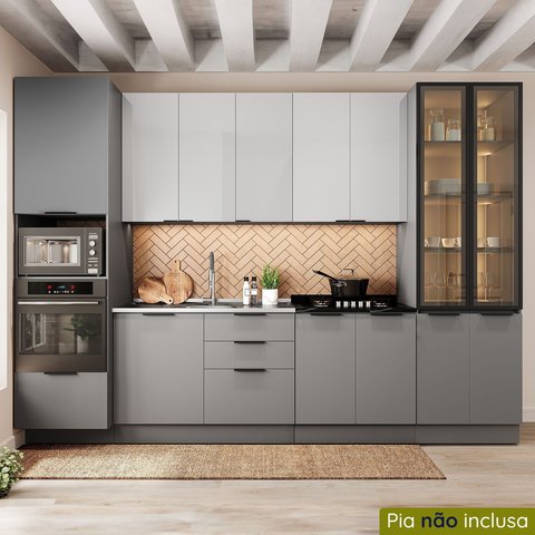 Cozinha Telasul Lumina 6 Peças com Paneleiro para Forno e Micro com Vidro Fumê e Iluminação s/Tampo Cinza