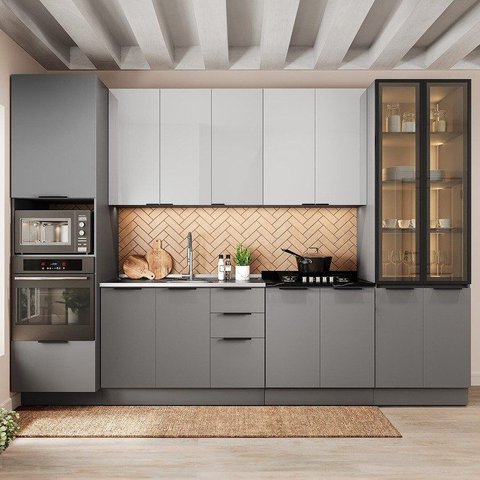 Cozinha Telasul Lumina 6 Peças Paneleiro para Forno e Micro Vidro Fumê e Iluminação s/Tampo Cinza