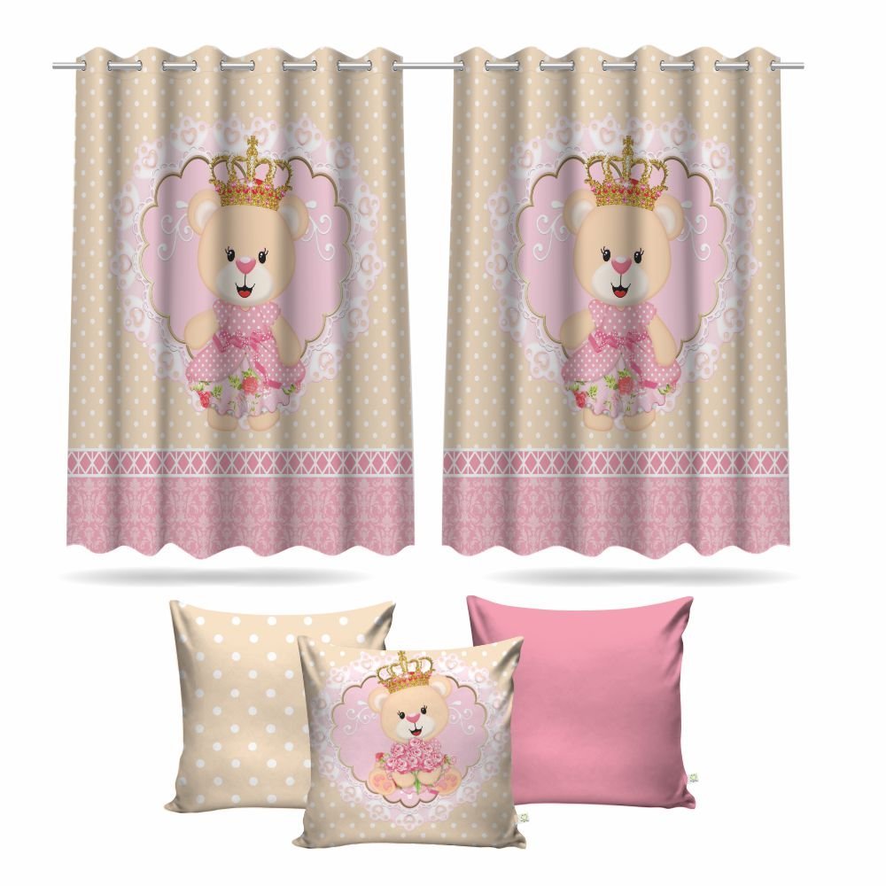 Cortina Infantil Ursinha Princesa + 3 Capas Almofadas