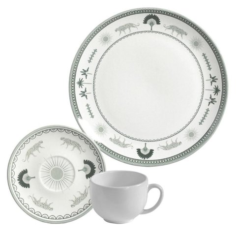 Conjunto 4 Pratos Rasos 26,5cm 4 Xícaras Chá 200ml com Pires Exótica Porto Brasil Branco Cerâ