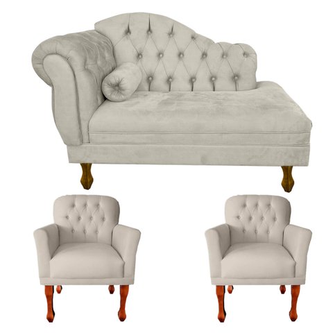 Kit Divã Recamier Sofá Imperial 120 Cm + 2 Poltronas Suede:bege
