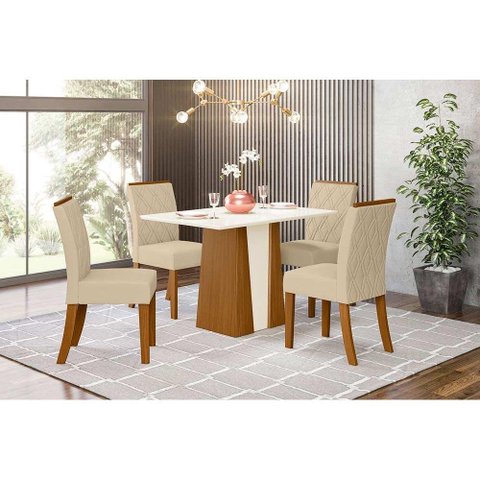 Sala de Jantar Completa Orus c/ Tampo Madeirado 120cm + 4 Cadeiras Vita Nature/Veludo Light Linho -