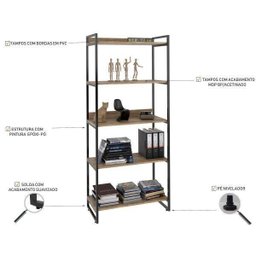 Estante de Livros Industrial Aço 80CMX187CM 5 Prateleiras Kuadra Marrom/Carvalho - 5 Estante de Livros Industrial Aço 80CMX187CM 5 Prateleiras Kuadra Marrom/Carvalho - 5
