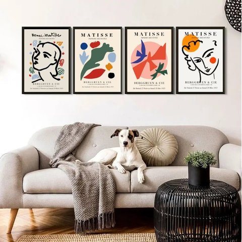 Kit 4 Quadros Arte Contemporânea Matisse 45x34cm - com Vidro:madeira Preta