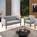 Ver imagem 1 de Conjunto Poltrona e Namoradeira Decorativa Isabella Pés Fixo em Madeira Castanho Suede Cinza G19 - G