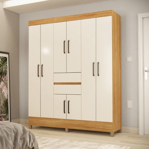 Guarda Roupa Roupeiro Casal 8 Portas 2 Gavetas Munique Cinamon Touch Off White Demóbile