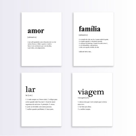 Kit 4 Quadros Definição LAR AMOR FAMÍLIA VIAGEM 45x34cm - com vidro:Madeira branca
