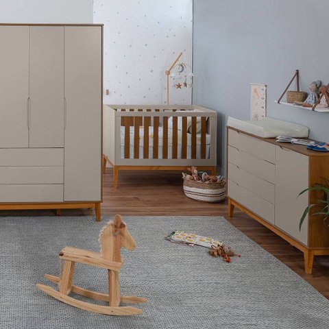 Kit Quarto Infantil com Pés Square Mel - Cômoda Elfe 4 Gavetas e 1 Porta + Guarda-Roupa Elfe + Berço