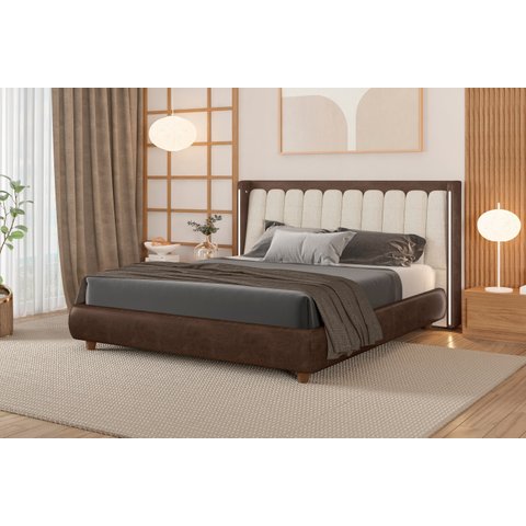 Cabeceira Casal com Led e Cama Linho Off White - Courino Marron - Quale Quale