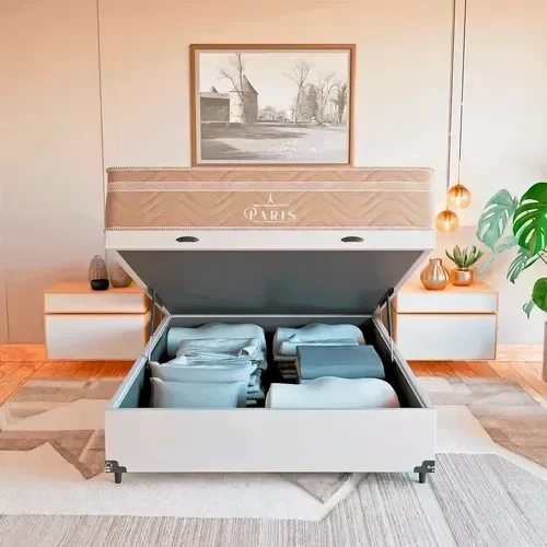 Ver imagem 2 de Cama Box Baú Casal + Colchão Paris Molas Ensacadas Bege Couro Branco/bege