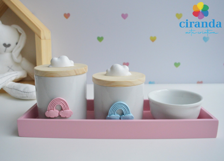 Kit Higiene Porcelana Bebê Arco - Íris - Bandeja Rosa