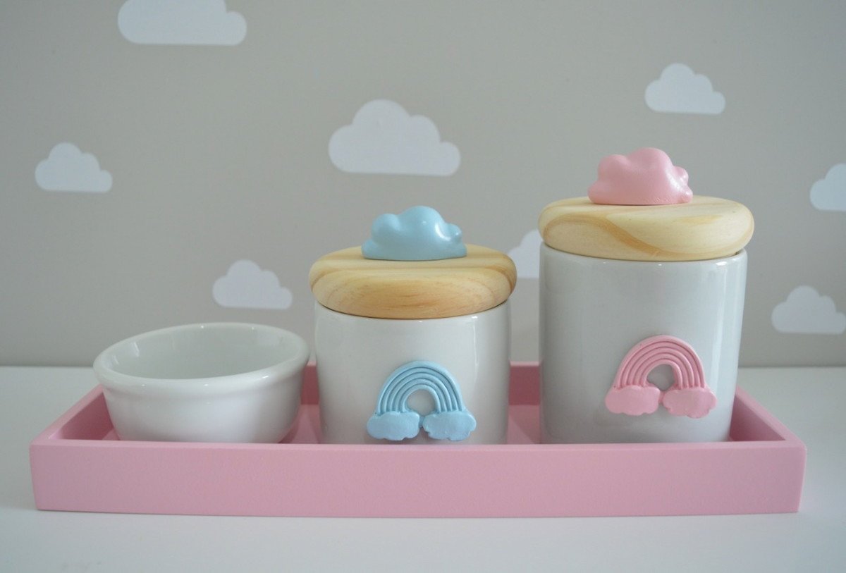 Kit Higiene Porcelana Bebê Arco - Íris - Bandeja Rosa