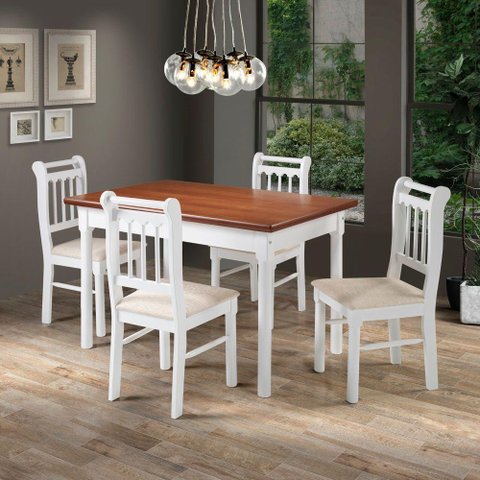 Conjunto Sala de Jantar Madeira Maciça 4 Cadeiras Branco e Mel