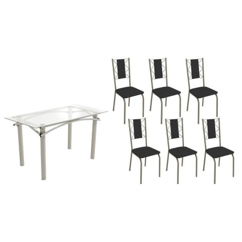 Conjunto: Mesa de Cozinha Elba C/ Tampo de Vidro 150cm e 6 Cadeiras Lisboa Niquel - Courano Preto -