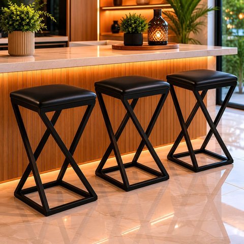 Kit 3 Banqueta Alta Banco Bancada Balcão Bistrô Cozinha Moderna Metal Couro Sintético