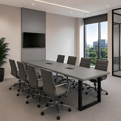 Mesa Reunião Industrial 250cm 100% MDF com 2 Caixas de Tomadas e Painel TV F5 Office Cor:Cinza