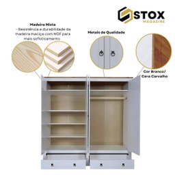 Guarda Roupas Branco 4 Portas 2 Gavetas Madeira Maciça e Mdf - 2