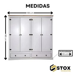 Guarda Roupas Branco 4 Portas 2 Gavetas Madeira Maciça e Mdf - 3
