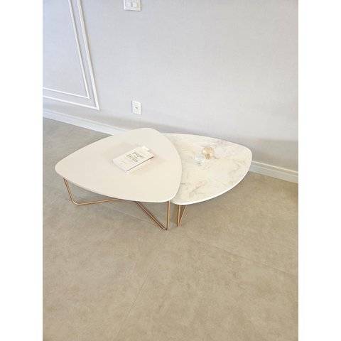 Kit 2 Mesas de Centro para Sala Design Orgânico Capri Metal Dourada - Off White/Atenna