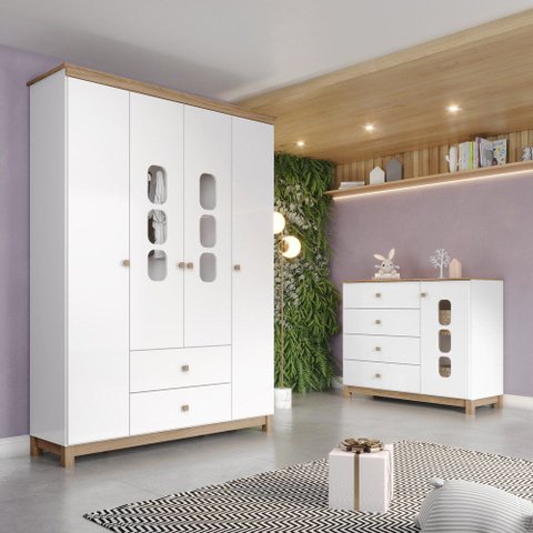 Quarto de Bebê com Guarda Roupas Cômoda Aconchego Henn