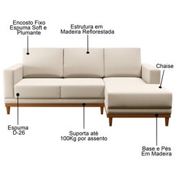 Sofá Living 200cm 3 Lugares com Chaise Direito Kayrós D05 Linho Bege - Mpozenato - 4