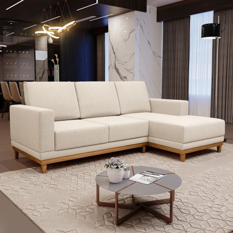 Sofá Living 200cm 3 Lugares com Chaise Direito Kayrós D05 Linho Bege - Mpozenato