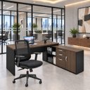Ver imagem 1 de Conjunto Mesa Pedestal Presidente em L + Cadeira de Escritório Ergonômica Armário Lateral 3 Gavetas