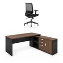 Ver imagem 2 de Conjunto Mesa Pedestal Presidente em L + Cadeira de Escritório Ergonômica Armário Lateral 3 Gavetas