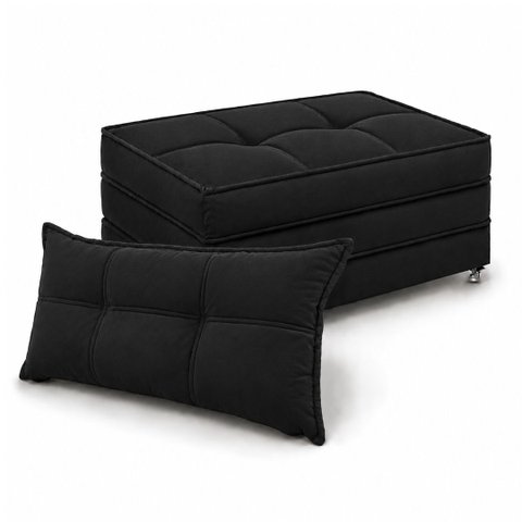 Puff Cama Dobravel 90cm Solteiro com Rodizios e Almofada Cor: Suede Preto