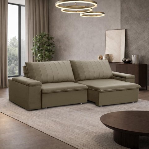 Sofá 3 Lugares Retrátil Reclinável para Sala 245cm Malfati F04 Veludo Amêndoa - Lyam Decor